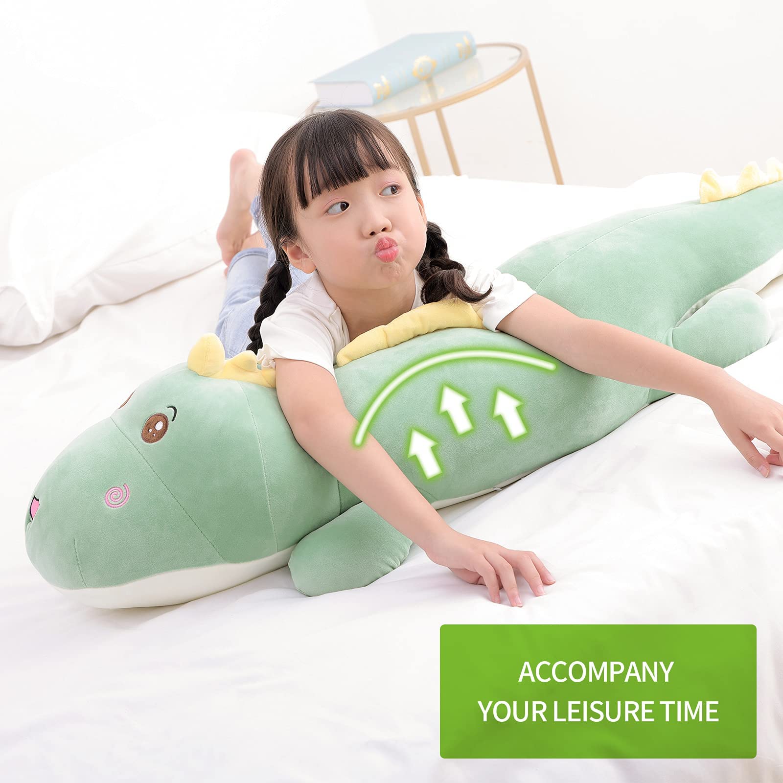 Tianmihou 52 Inch Giant Dinosaur Plush Pillow, Jumbo Green Dinosaur Stuffed Animal, Soft Long Dino Body Pillow for Kids Boys Girls, Huge Dinosaur