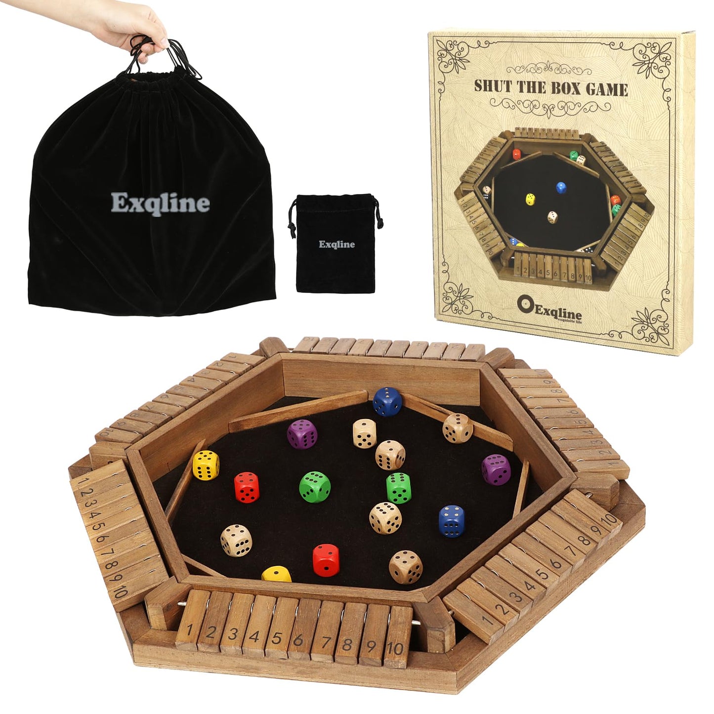 Exqline Shut The Box Game for 2-6 Players, Wooden Board Table Math Game with 14 Dice, 6 Way Classic Puzzle Board Games for Home Classroom or Pub