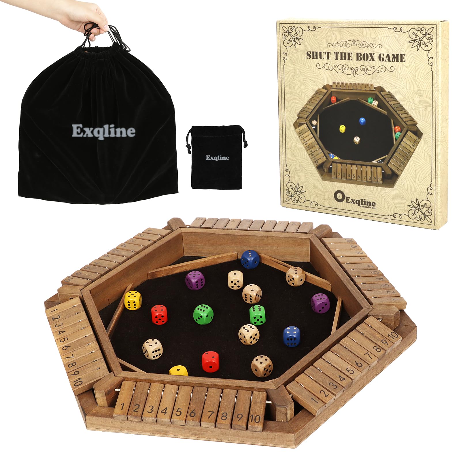 Exqline Shut The Box Game for 2-6 Players, Wooden Board Table Math Game with 14 Dice, 6 Way Classic Puzzle Board Games for Home Classroom or Pub
