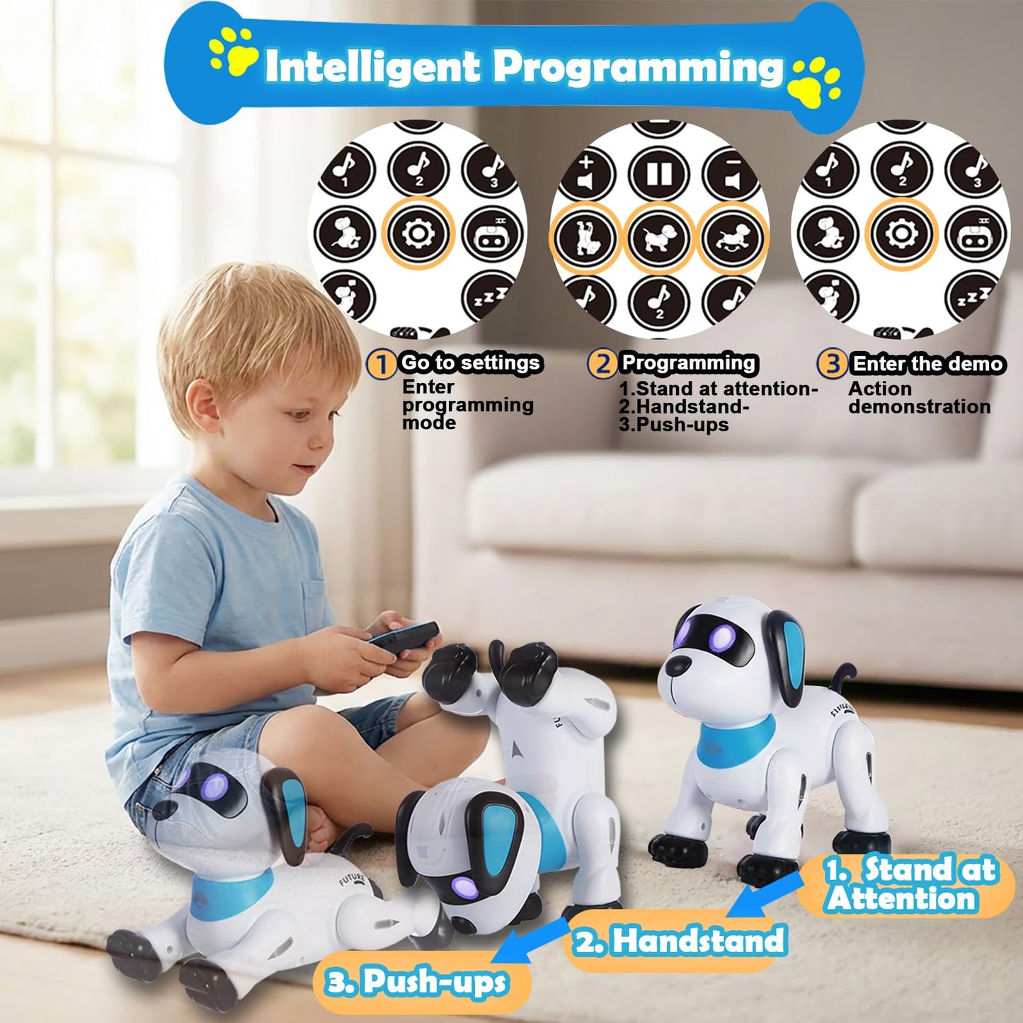 yiman Remote Control Robot Dog Toy - Programmable Smart Robot Dog for Kids 3+, Interactive Dancing & Sound, RC Stunt Toys with LED Eyes, Electronic