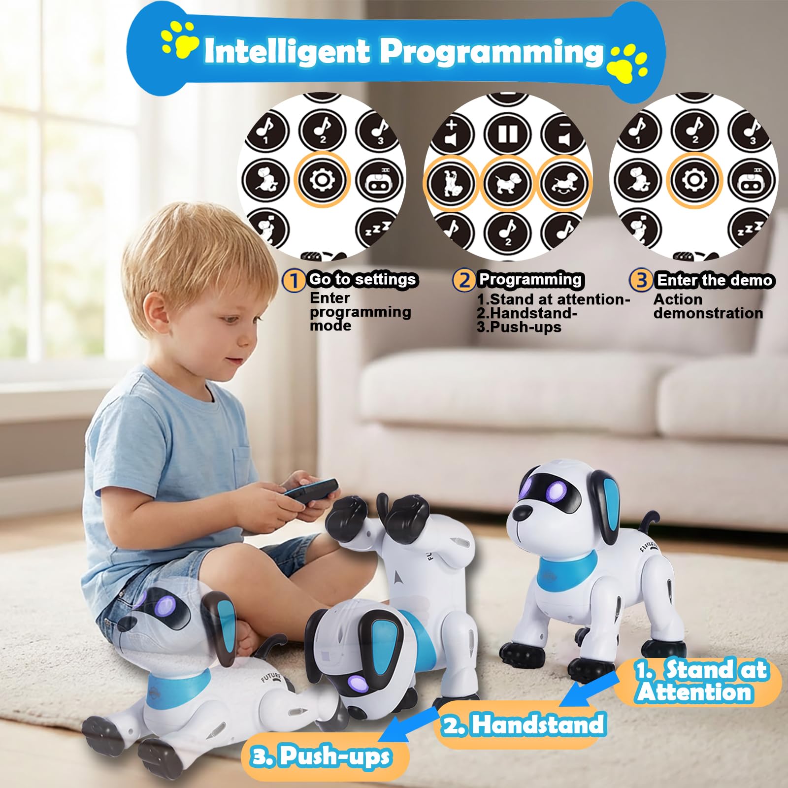 yiman Remote Control Robot Dog Toy - Programmable Smart Robot Dog for Kids 3+, Interactive Dancing & Sound, RC Stunt Toys with LED Eyes, Electronic