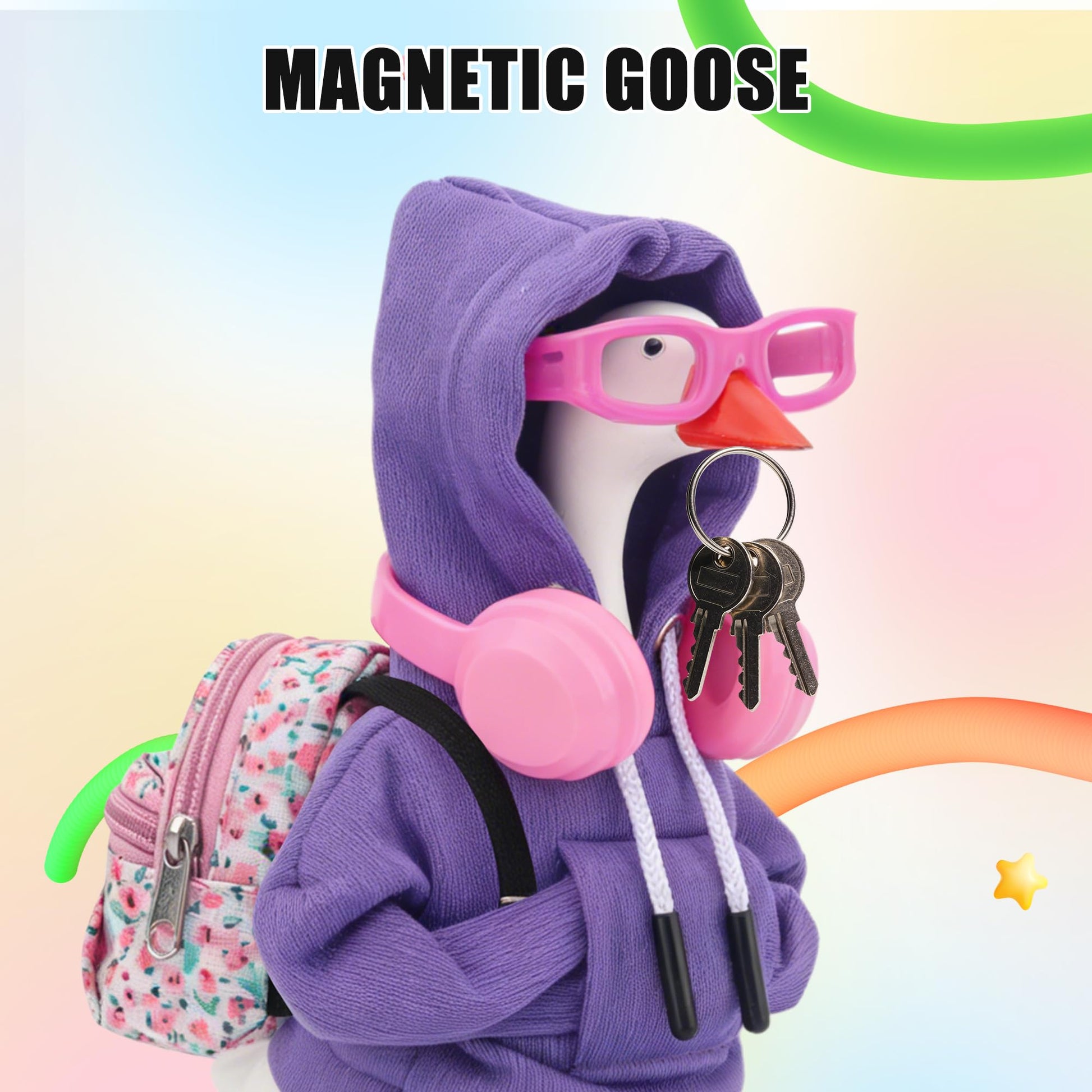 Embewhis Outfits for 7" Desk Goose - 5-Piece Pastel Dream Set: Purple Hoodie, Floral Backpack, Pink Headphones, and 2 Pairs of Frame Glasses - Y2K