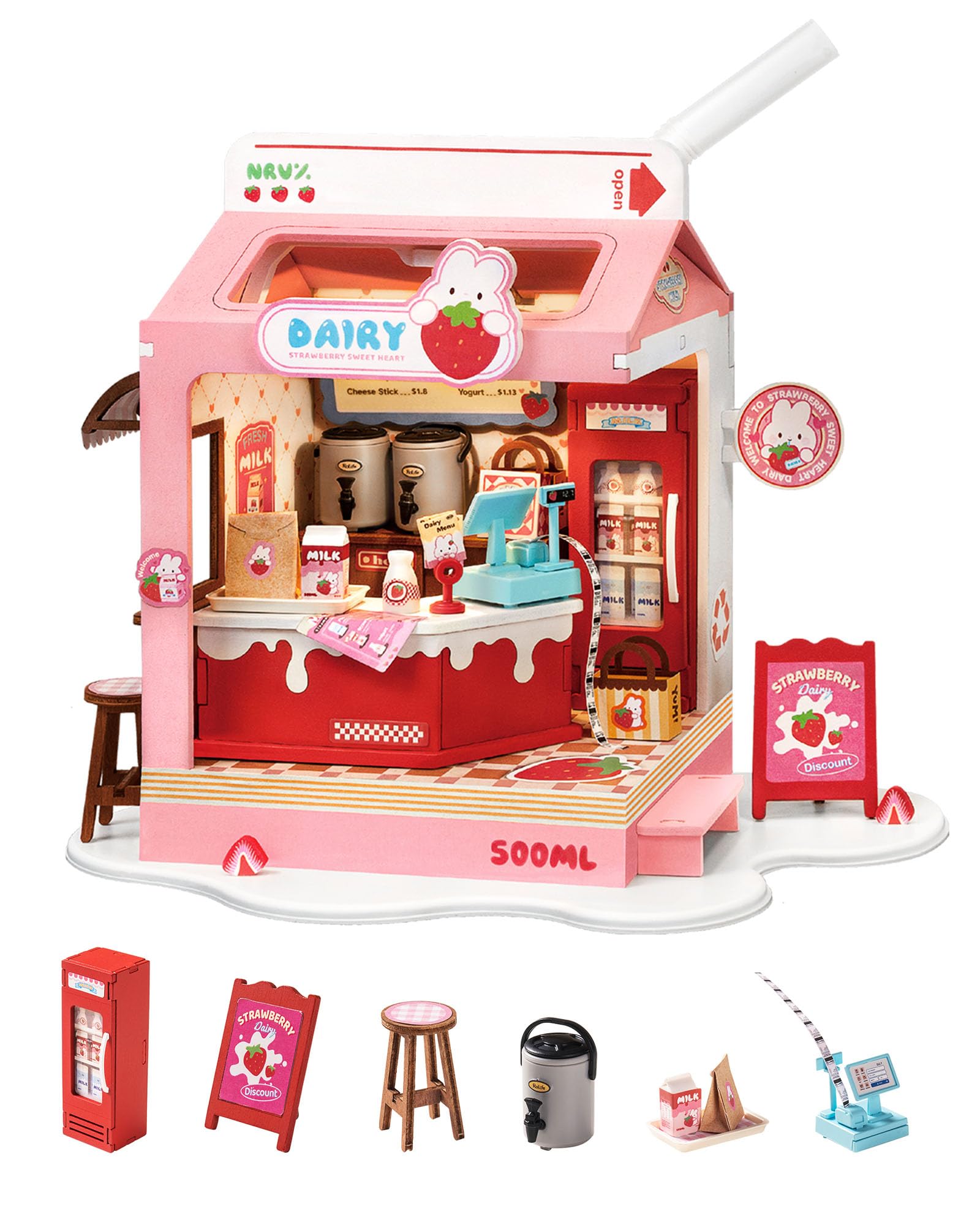 Robotime DIY Miniature House Kit, 1:28 Scale Tea Shop Scale Diorama Dollhouse with LED Lights, 3D Wooden Puzzle for Adults, Creative Crafts & Unique