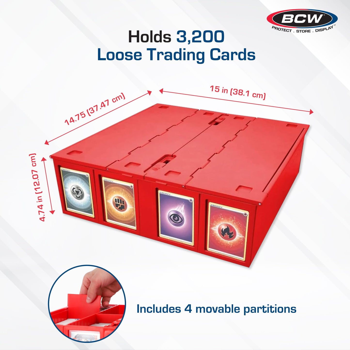 BCW Collectible Card Bin - Red | Holds 3200 Cards | Includes 4 Dividers | Storage for Pokémon, MTG & Sports Cards
