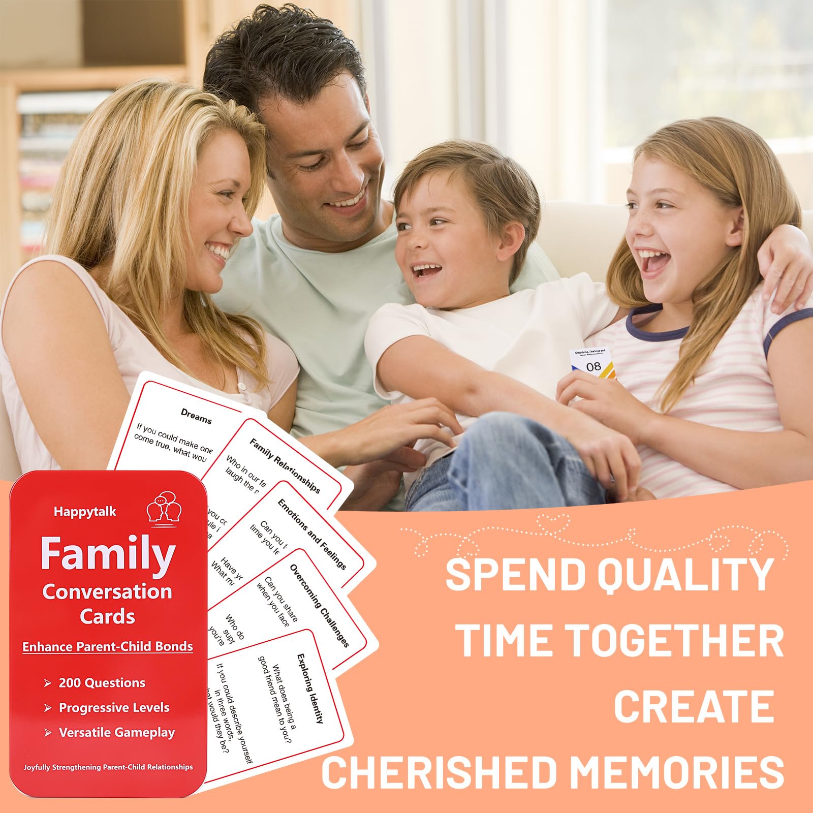 Happytalk Conversation Cards for Kids - 200 Engaging Questions for Family Game Night, Road Trips & Therapy Games, Perfect for Quality Family Time