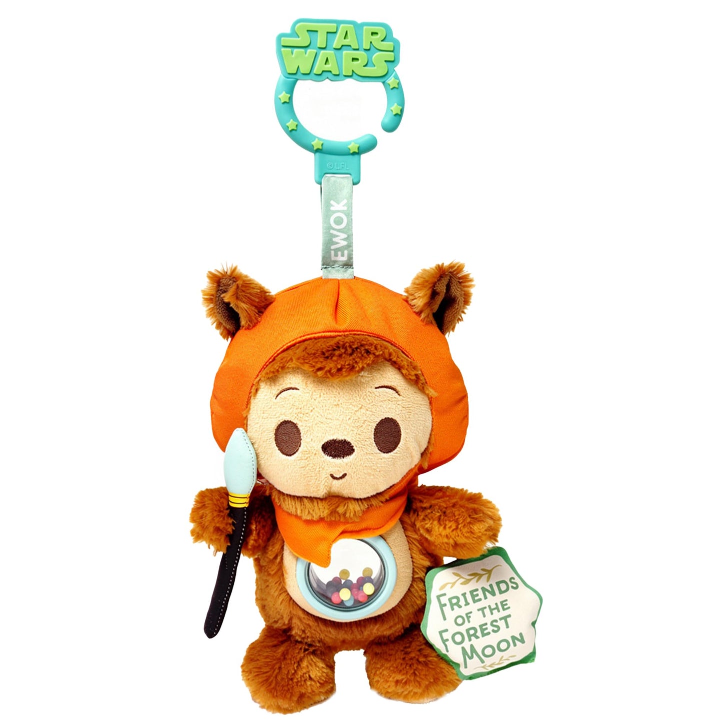 Kids Preferred Star Wars Ewok On the Go Activity Toy - with Colorful Rattle, Squeaker, Teether, Travel Clip, Soft Sensory Toy, for Ages 0+