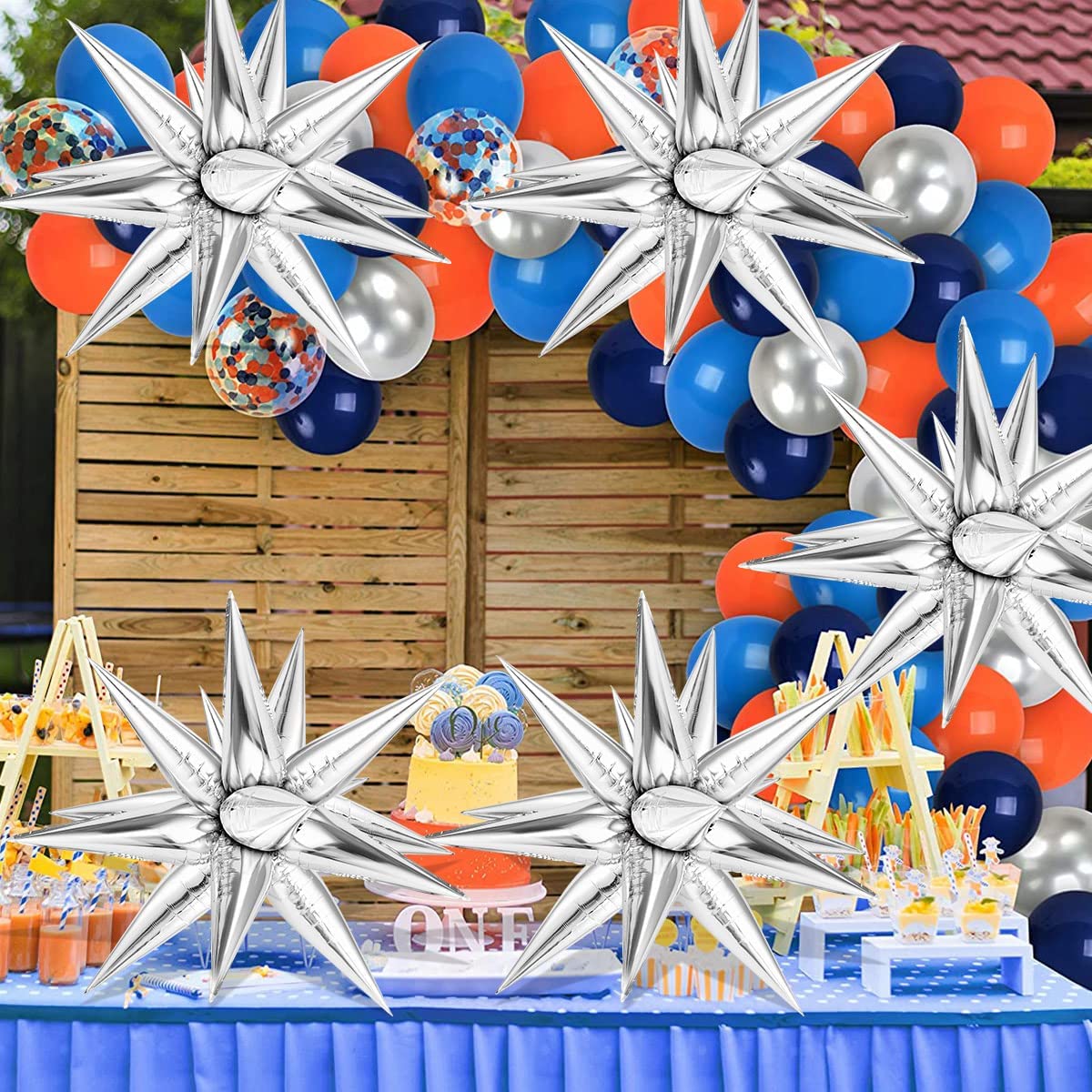 74 PCS Silver Star Balloons, 12 Point Star Foil Mylar Balloons Spike Explosion Cone Balloon for Party Decorations Supplies, Birthday, Wedding, Baby