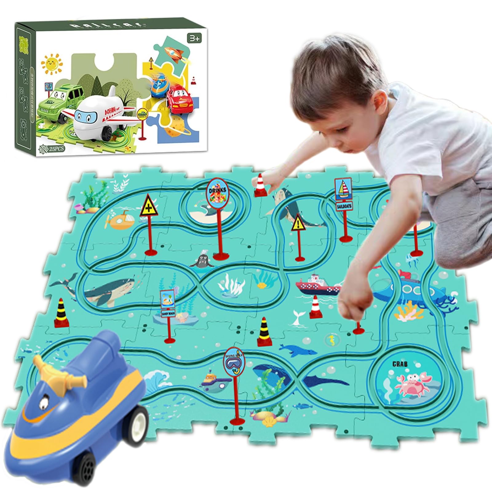 Dinosaur Puzzle Racing Track Set - 25 Packs Children's Racing Track Car Game Set, Preschool for Boys and Girls, Ocean Theme