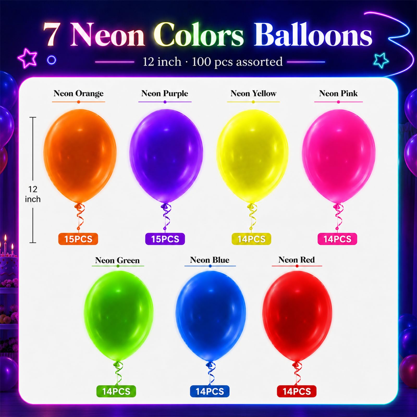 100 Pcs UV Neon Balloons, Neon Glow Party Balloons UV BlackLight Balloons glow in the dark party supplies for Birthday Decorations Wedding Glow Party