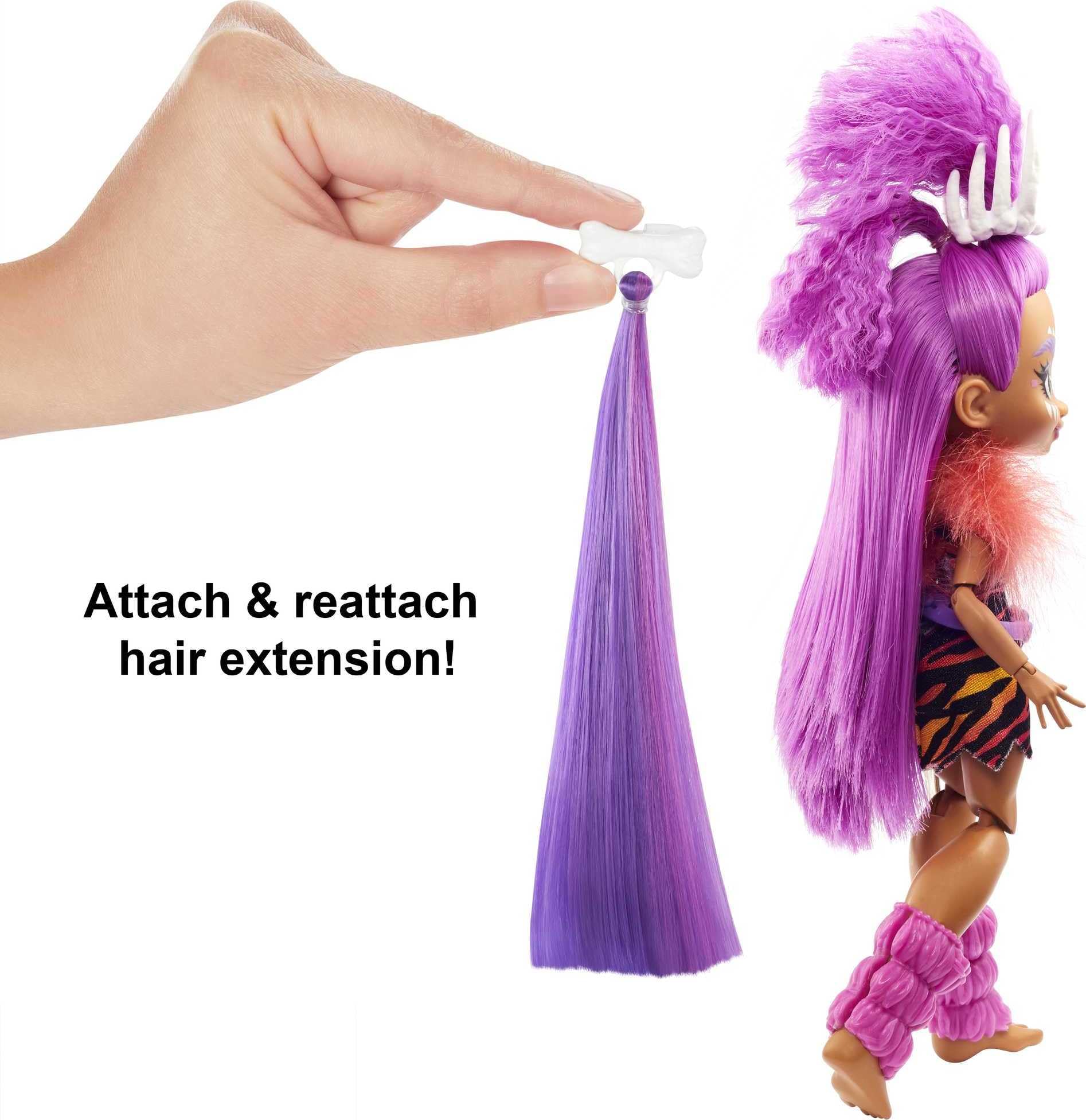 Mattel Cave Club Roaralai Doll (8 10-inch, Purple Hair) Poseable Prehistoric Fashion Doll with Dinosaur Pet and Accessories, Gift for 4 Year Olds and