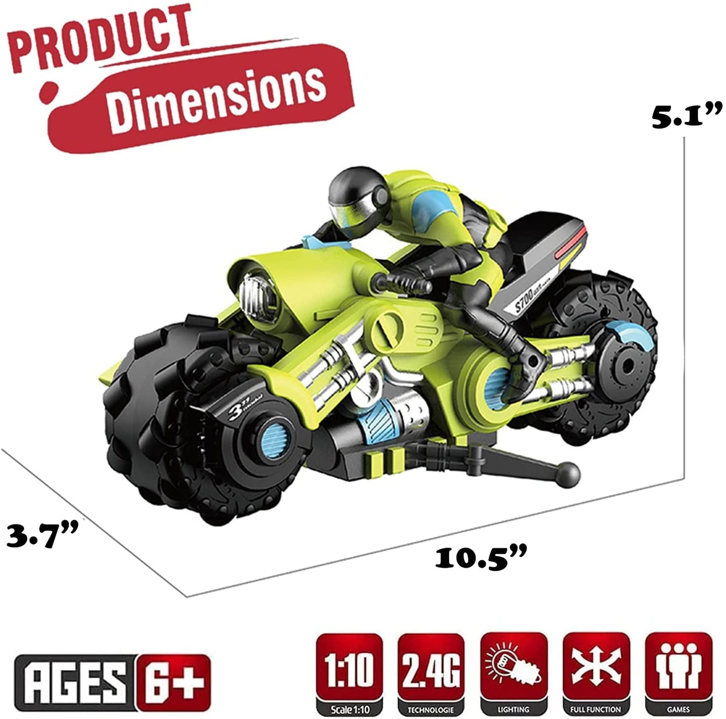 UNIQUE KIDS Remote Control Motorcycles - 360° Spinning Action, High-Speed Racing Motorbike with LED Lights for Boys and Girls Green Color