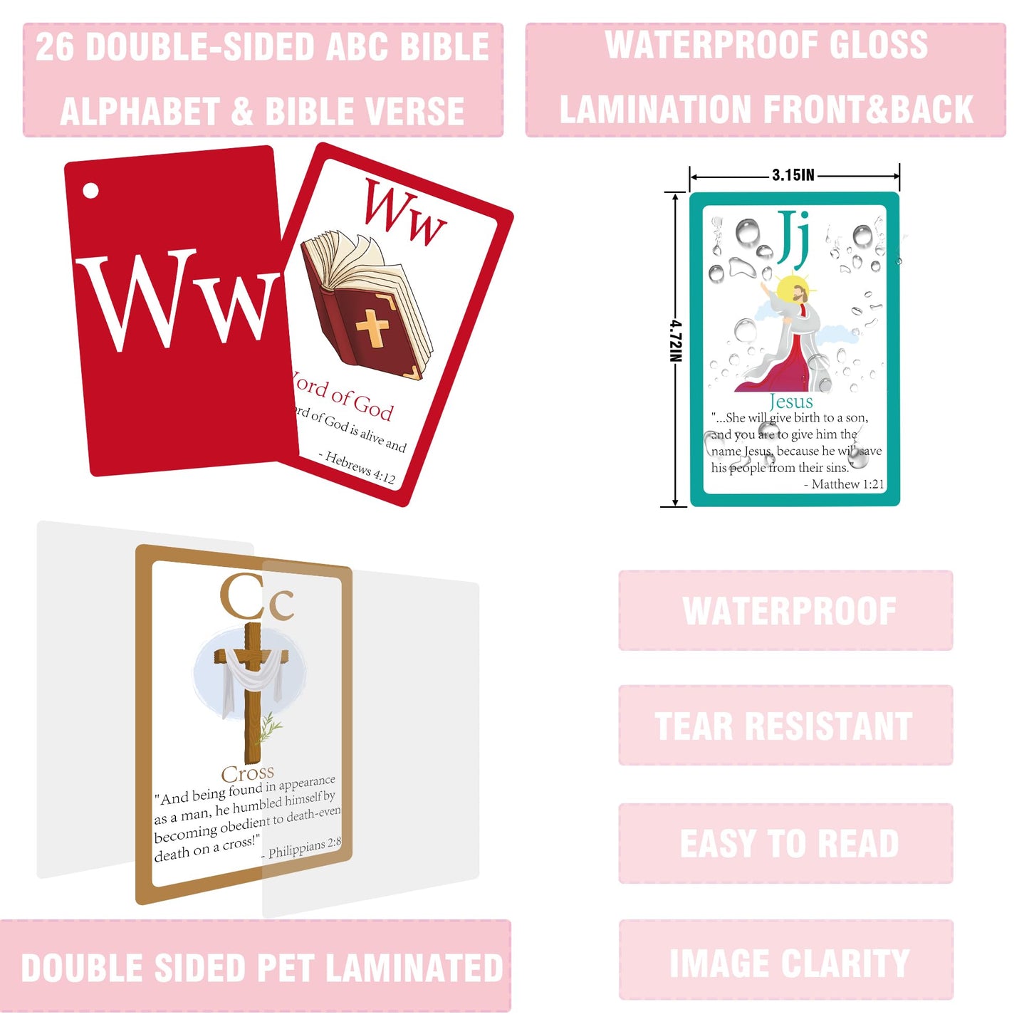 YIYDONG 26 Bible Alphabet Flash Cards for Toddlers, Christian FlashCards for Kindergarten, Preschool, Homeschool, Toddler Bible 2-4 Years