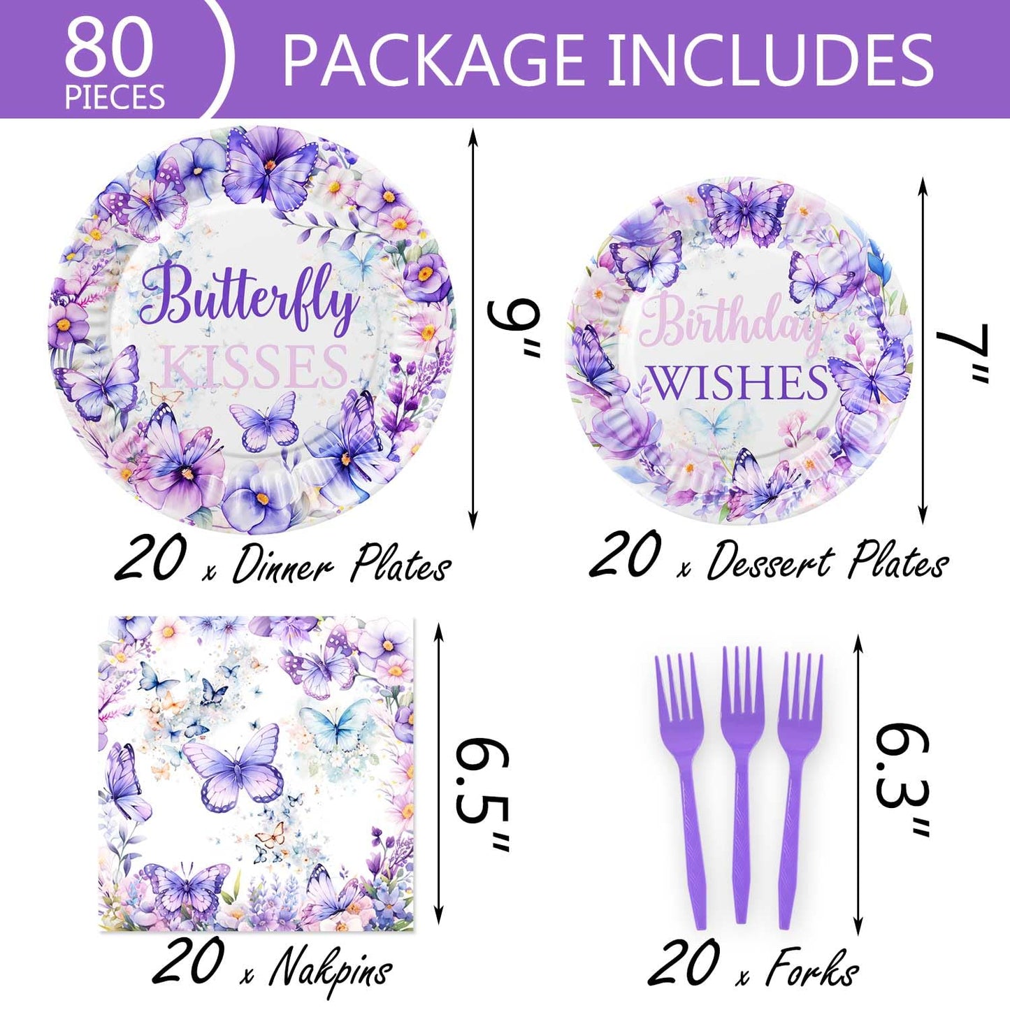 80 Pcs Butterfly Kisses Birthday Wishes Party Decor Spring Butterfly Paper Plates Napkins Forks Dinnerware for Butterfly Girls Baby Shower 1st 2nd 3rd