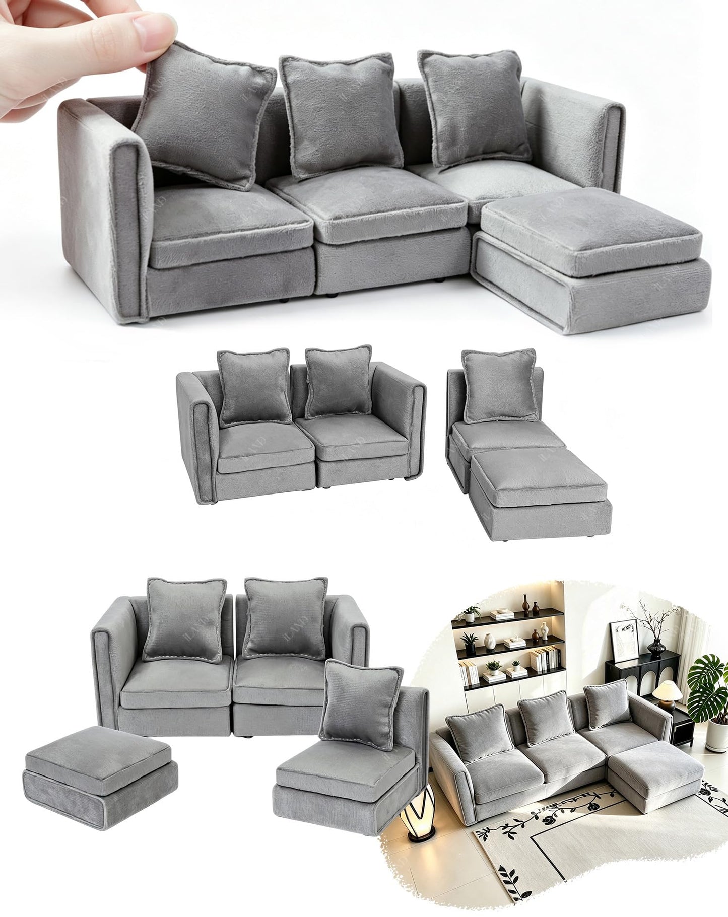 iLAND Dollhouse Furniture Sectional Dollhouse Couch Set Light Grey Velvet Sofa, Miniature Chair Doll House Furniture, Modern 1/12 Scale Miniature