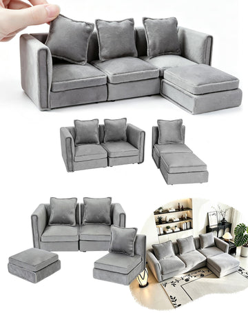 iLAND Dollhouse Furniture Sectional Dollhouse Couch Set Light Grey Velvet Sofa, Miniature Chair Doll House Furniture, Modern 1/12 Scale Miniature