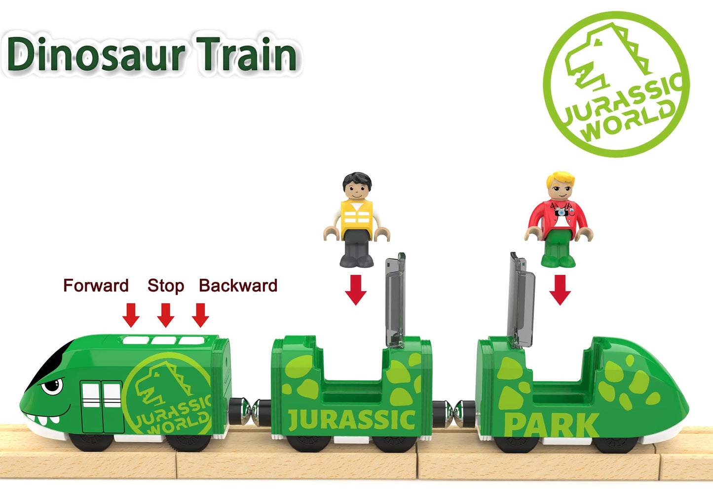 Battery Operated Bullet Train with Opening Carriages & 2 Action Figures, Jurassic Dinosaur Train for Wooden Track, Lights & Sounds, Compatible