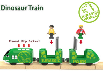 Battery Operated Bullet Train with Opening Carriages & 2 Action Figures, Jurassic Dinosaur Train for Wooden Track, Lights & Sounds, Compatible