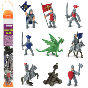Safari Ltd. Knights & Dragons Toob - Set of 10 Mini Figurines: Red & Blue Kingdom Knights, Catapult, and Green Dragon - History Learning Toy Figures