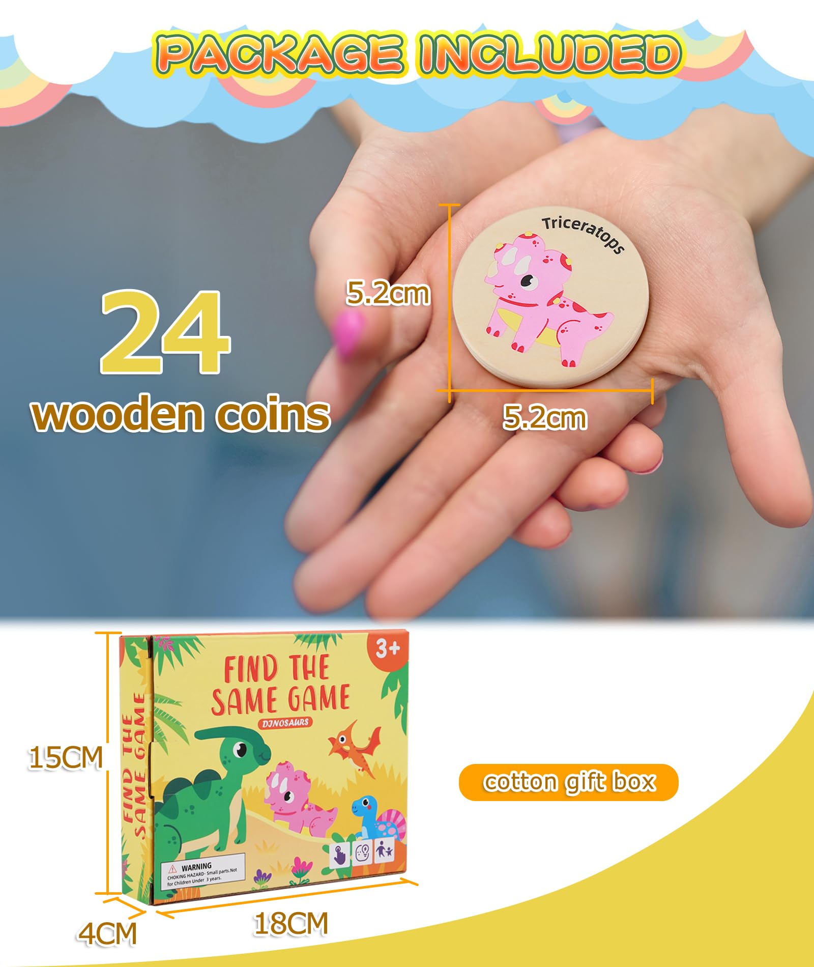 Protado Wooden Memory Game for Kids, 24 Dinosaur Matching Cards