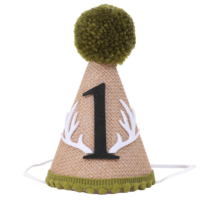 YOUAME Deer 1st Birthday Crown Hat - Woodland Camo Hunting Theme Party Decor with Antlers Outfit (Boys)