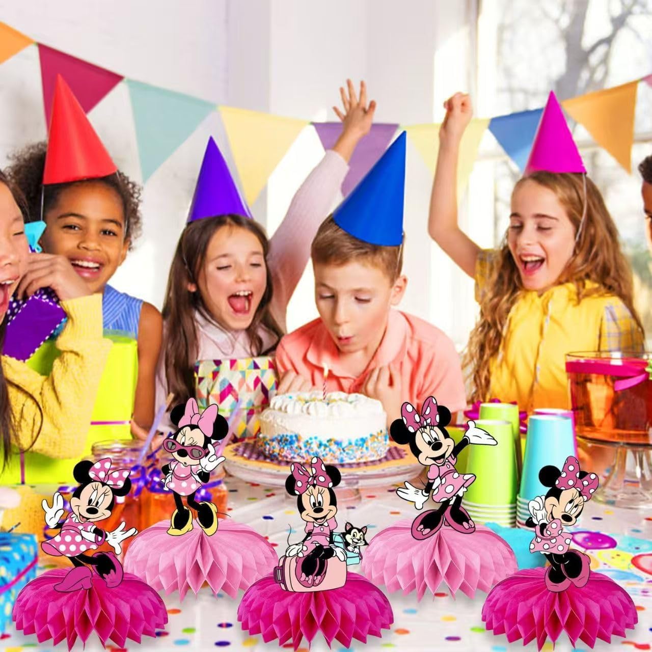 For Minnie Birthday Party Supplies, 9Pcs Honeycomb Centerpieces for Mouse Party Decorations, Double Sided Table Decorations Centerpieces Party