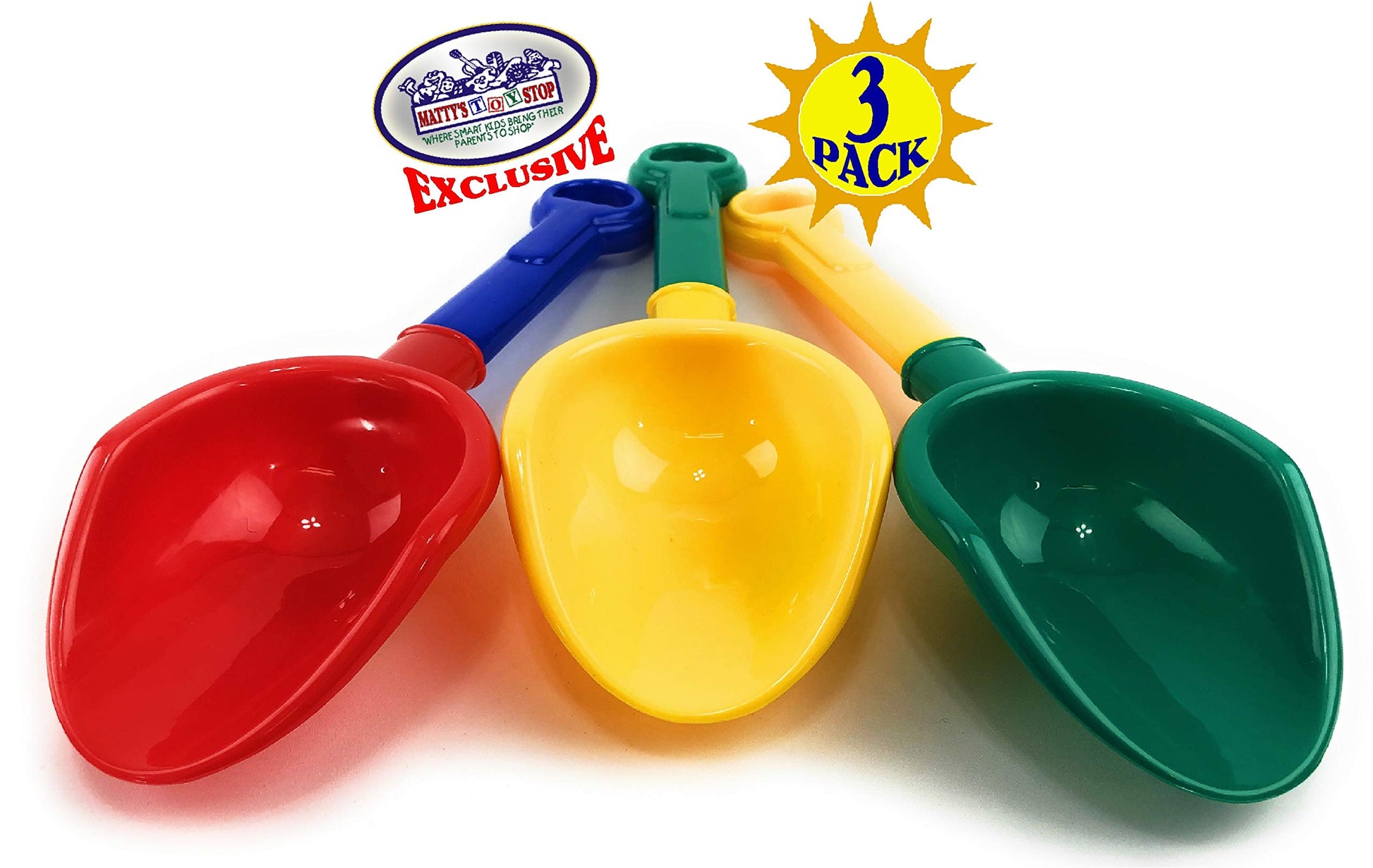 Matty's Toy Stop 10.5" Kids Multi-Color Sand Scoop Plastic Shovels for Sand & Beach (Red/Blue, Yellow/Green & Green/Yellow) Complete Gift Set Bundle