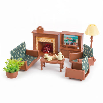 OLEOCA Family Deluxe Dollhouse Living Room Set - Sofa & Two Armchairs, Coffee Table, TV Stand, Fireplace, Floor Lamp, Plant & Tea Set - Dollhouse