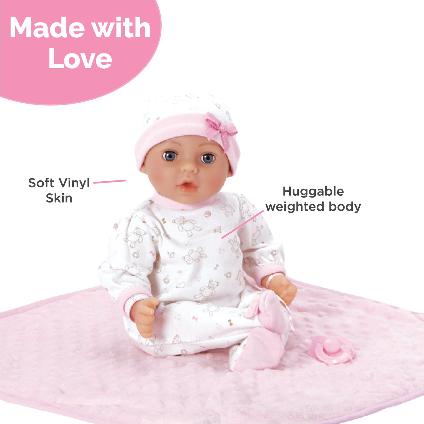 Adora 16 Inch Girl Baby Doll with Accessories Pink Matching 9-Piece Set Including a Pacifier, Hospital, Bracelet, Diaper, and More Gift for Toddlers