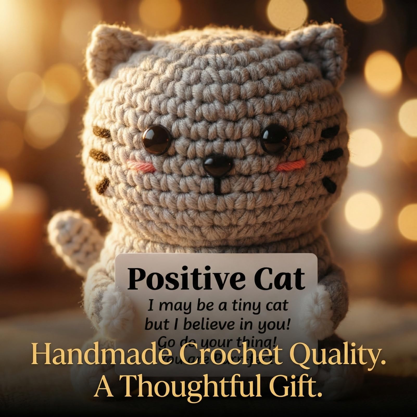ZZOZPOP Positive Cat Plush with Encouraging Sign, Crochet Gift of Support for Women, Uplifting Sister Friendship Present, Gray Message Holder Toy