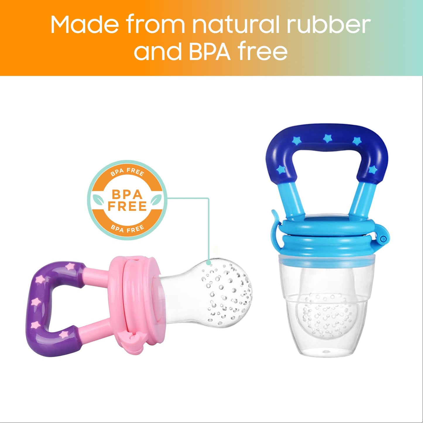 CHILLAX Fruit Feeder Pacifier Teether Toys - 2 Baby Food Feeding Teething Toys - Soft, Easy-to-Grip, Non-BPA Silicone Teethers for Babies