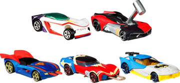 Hot Wheels Toy Cars 5-Pack, Set of 5 DC Character Cars in 1:64 Scale: Superman, Batman, Wonder Woman, The Joker GT & Harley Quinn