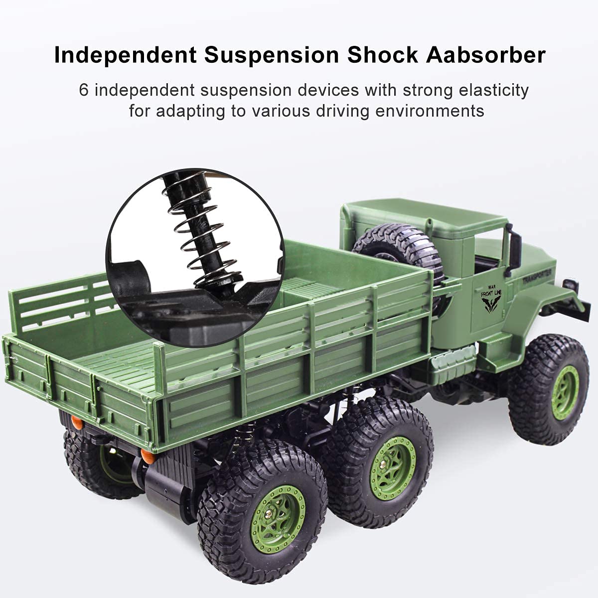 XINGRUI 1:18 RC Military Truck, 50 Min Playtime Remote Control Car, 2.4Ghz 4WD Off-Road Vehicle, All Terrain Toy with LED Lights, Gift for Boys Girls