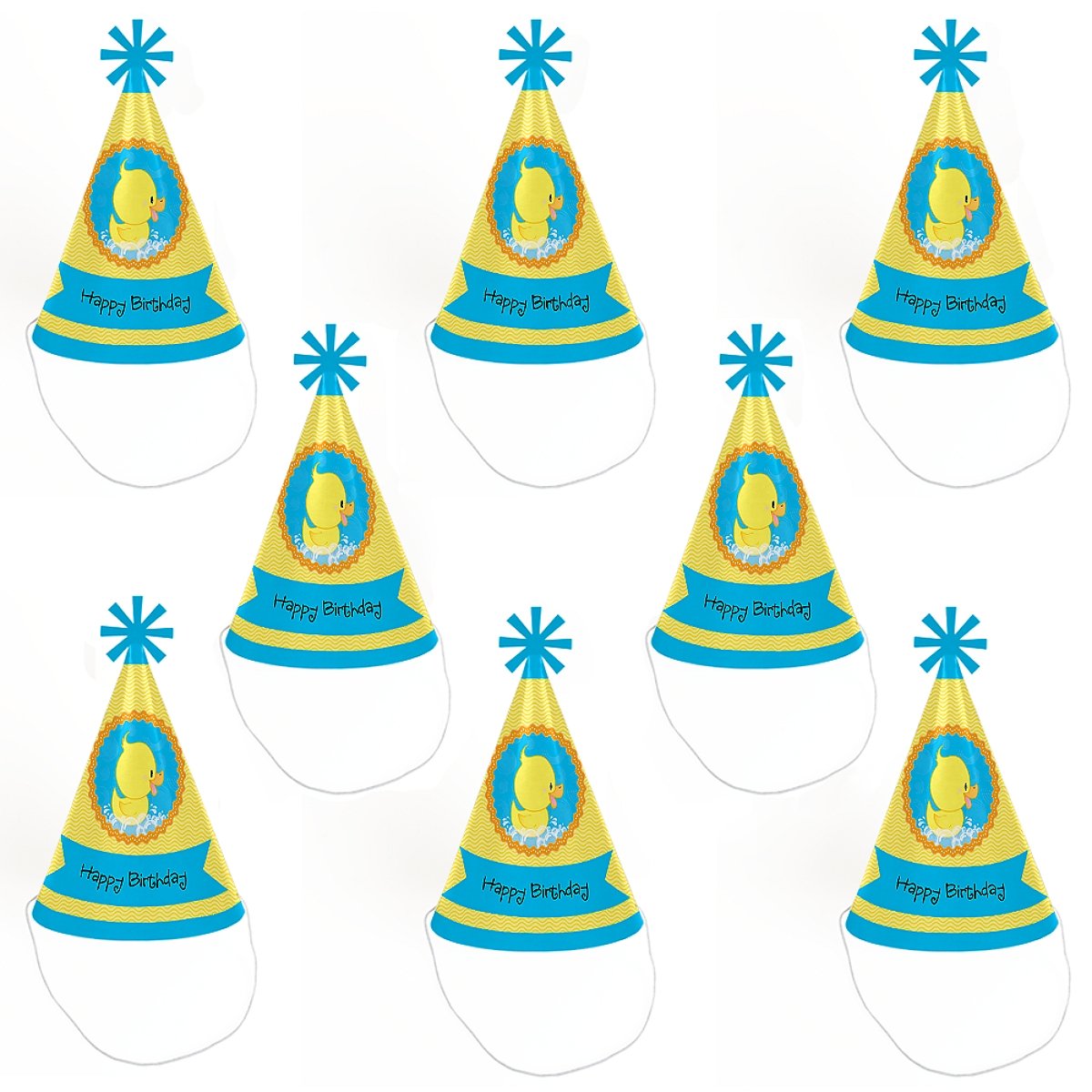 Big Dot of Happiness Ducky Duck - Cone Happy Birthday Party Hats for Kids and Adults - Set of 8 (Standard Size)