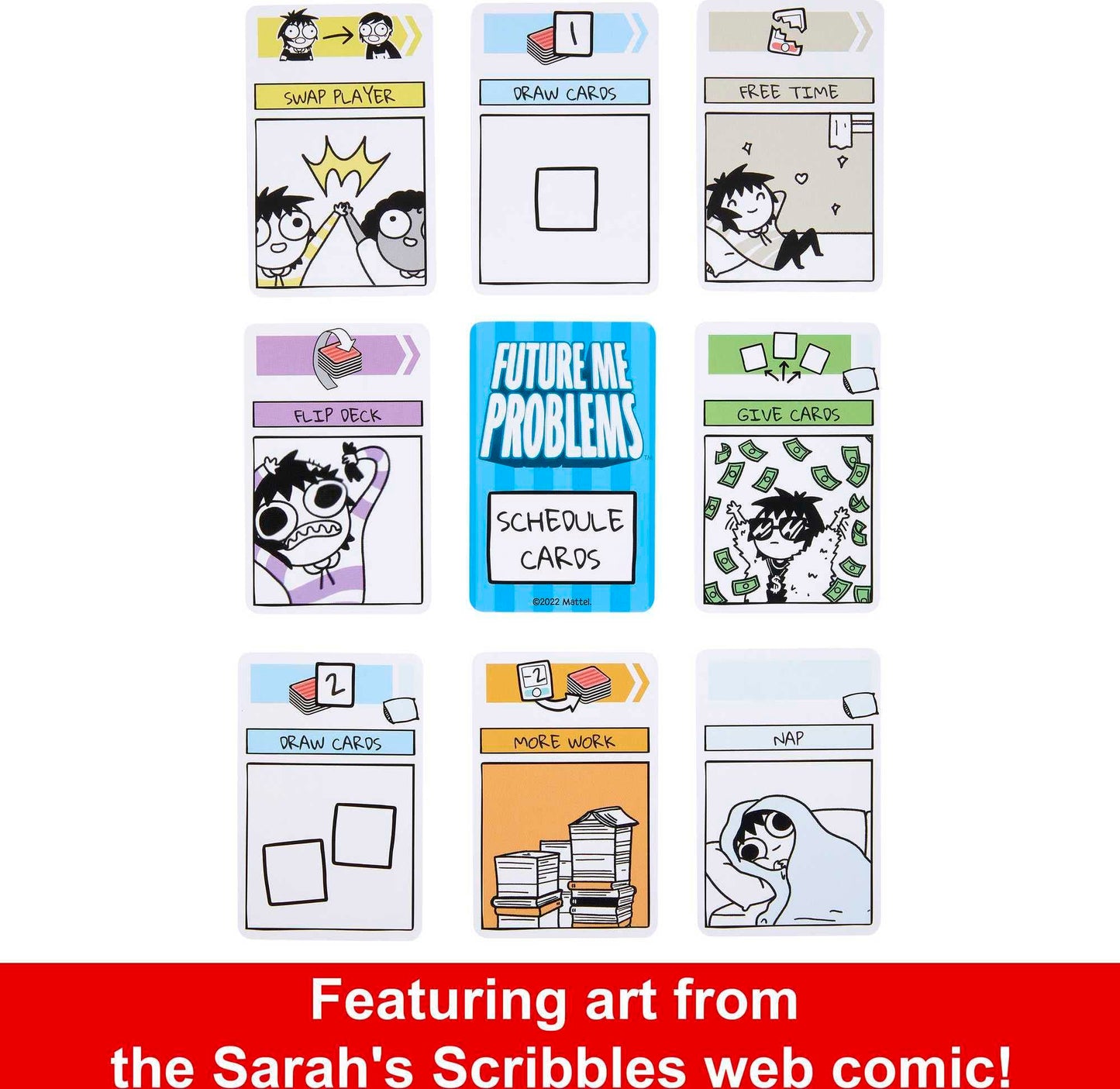 Mattel Games Sarah's Scribbles Game, Future Me Problems Card Game Includes 2 Decks of Cards, for 2-4 Players, Family and Game Nights