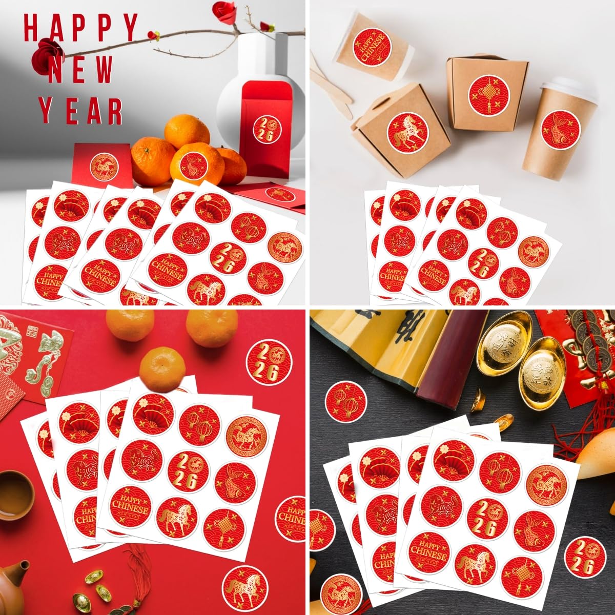 KYMY 2026 Chinese New Year Stickers, 180 Pcs Spring Festival Paper Stickers, Zodiac Horse Lunar New Year Party Favor Labels for Bottles, Envelopes