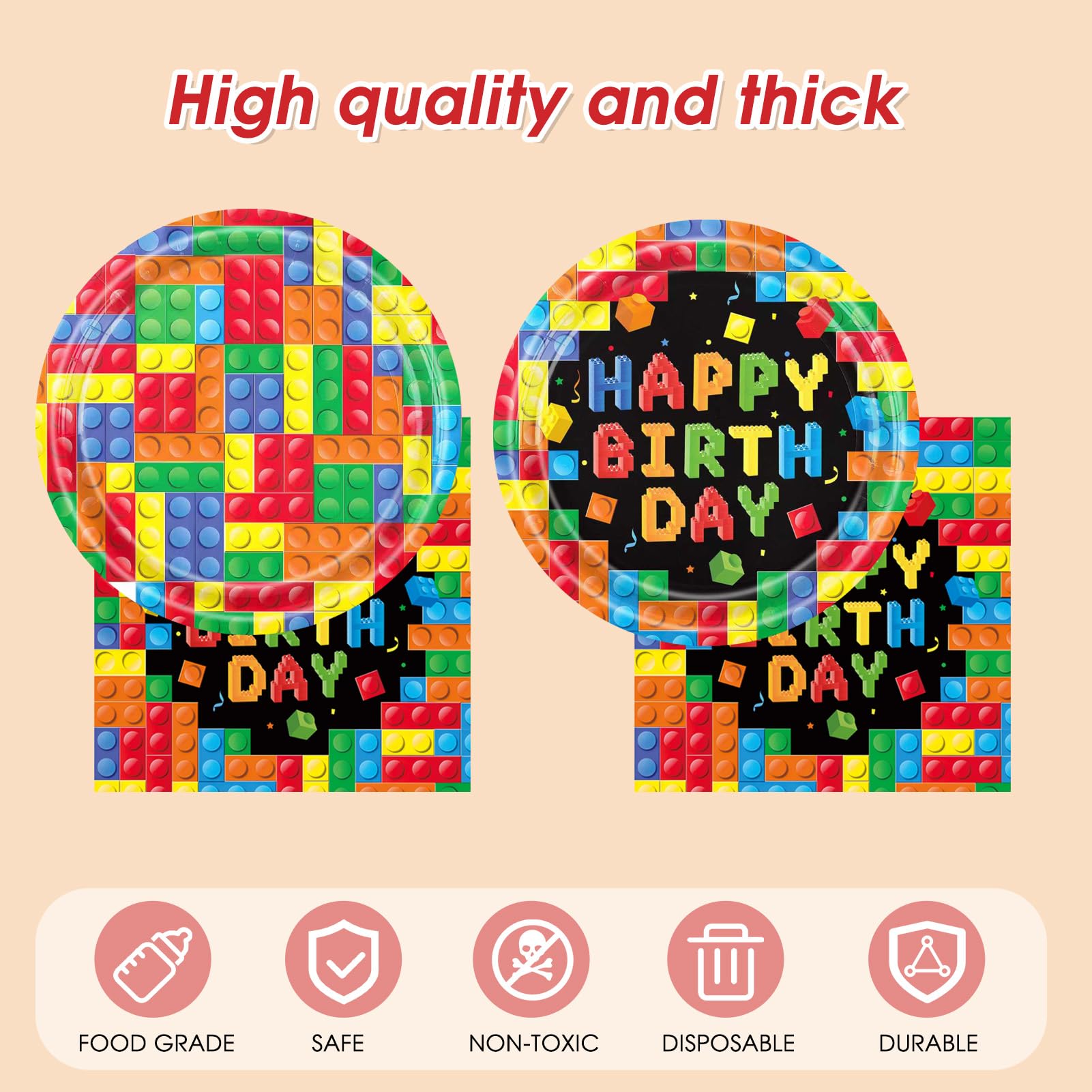 41 PCS Building Block Party Supplies,Colorful Paper Plates and Napkins with Building Block Disposable Plastic Table Cover for Happy Building Blocks