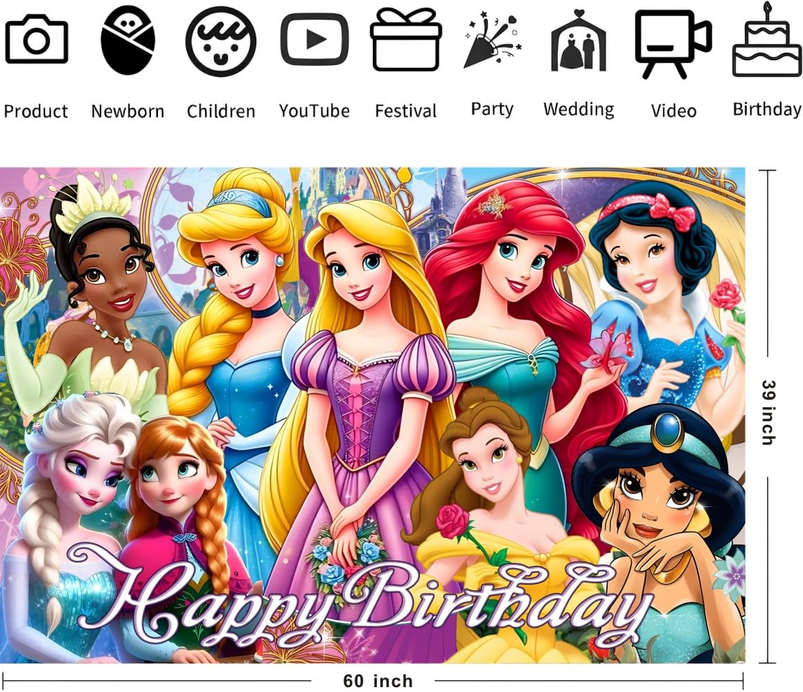 CICICO Princess Wall Decor Backdrop for Princess Themed Birthday Decorations, Green Polyester Banner for Birthday Party Supplies (5x3ft)