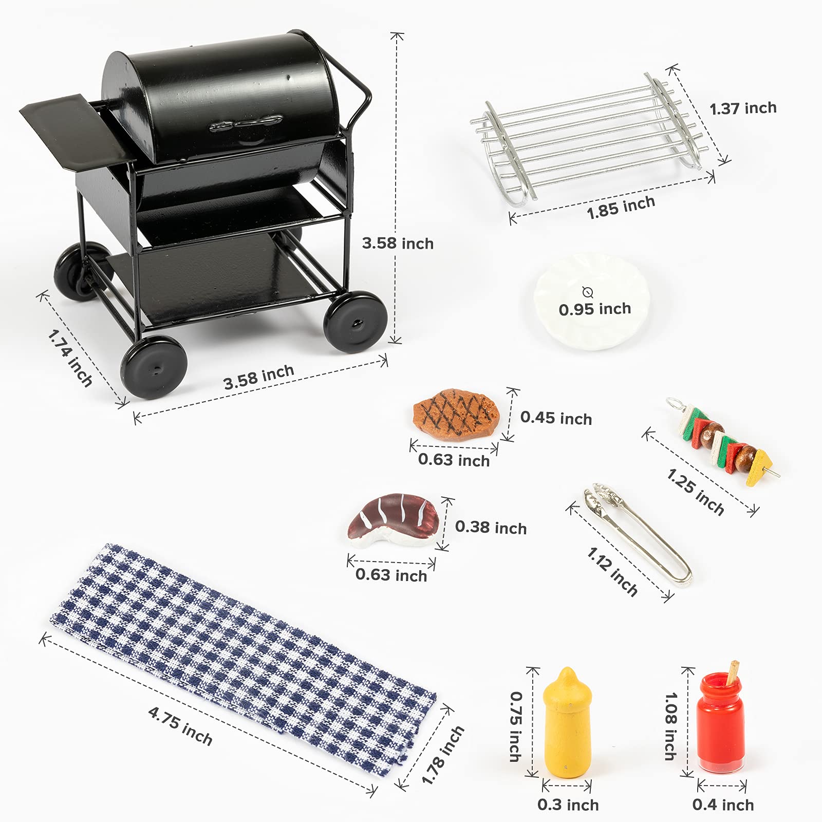 SAMCAMI Dollhouse Furniture Kitchen Grill Set (7 PCS) - Metal Grill, Skewers, Steak and Other Dollhouse Accessories - 1:12 Scale Miniature Dollhouse