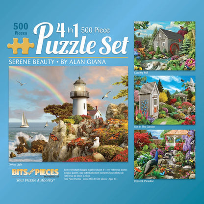 Bits and Pieces - 4-in-1 Multi-Pack 500 Piece Jigsaw Puzzles for Adults - Serene Beauty by Artist Alan Giana, Four Different Puzzles, Completed Puzzle