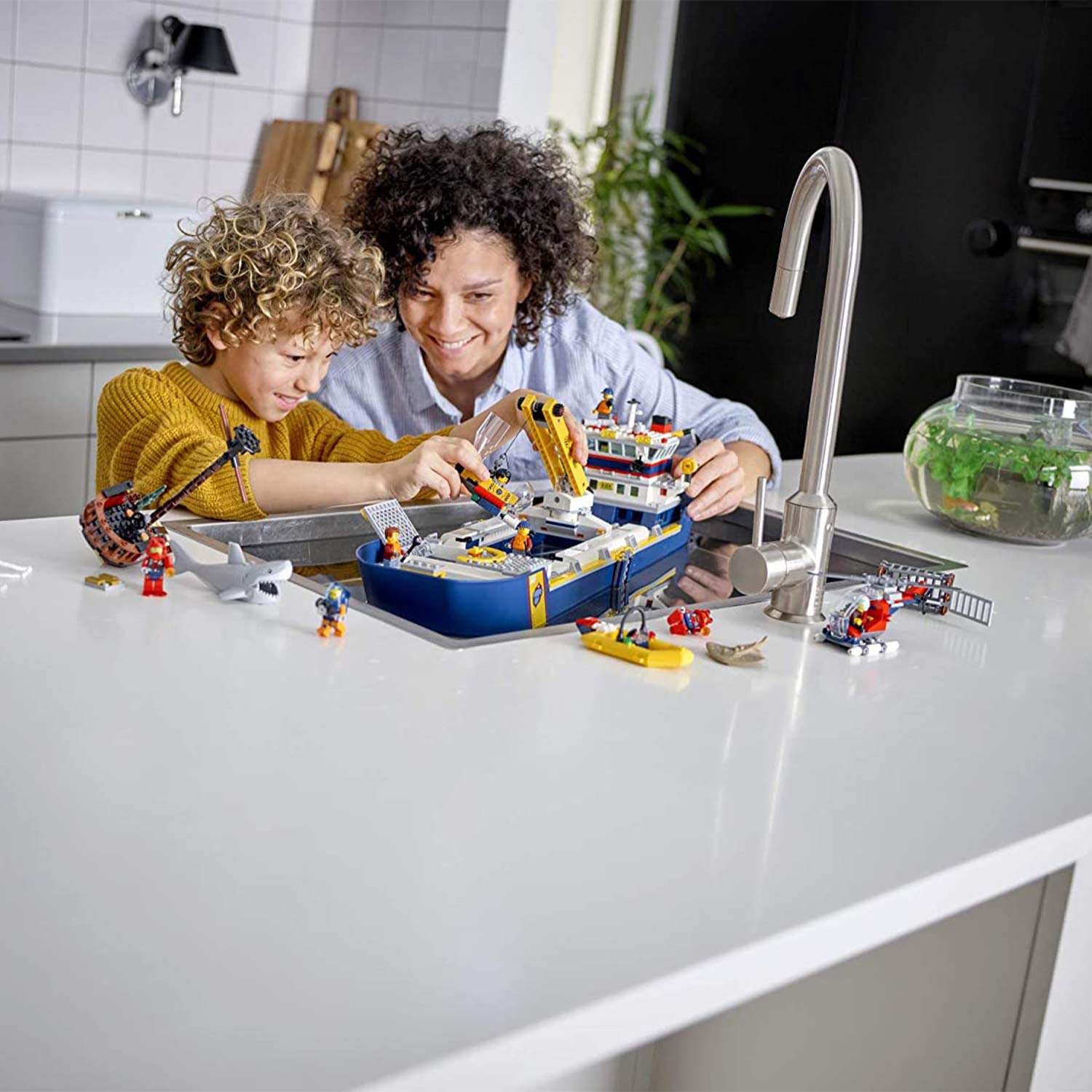 LEGO City Ocean Exploration Ship 60266, Toy Exploration Vessel, Mini Helicopter, Submarine, Shipwreck with Treasure, Lifeboat, Stingray, Shark, Plus 8
