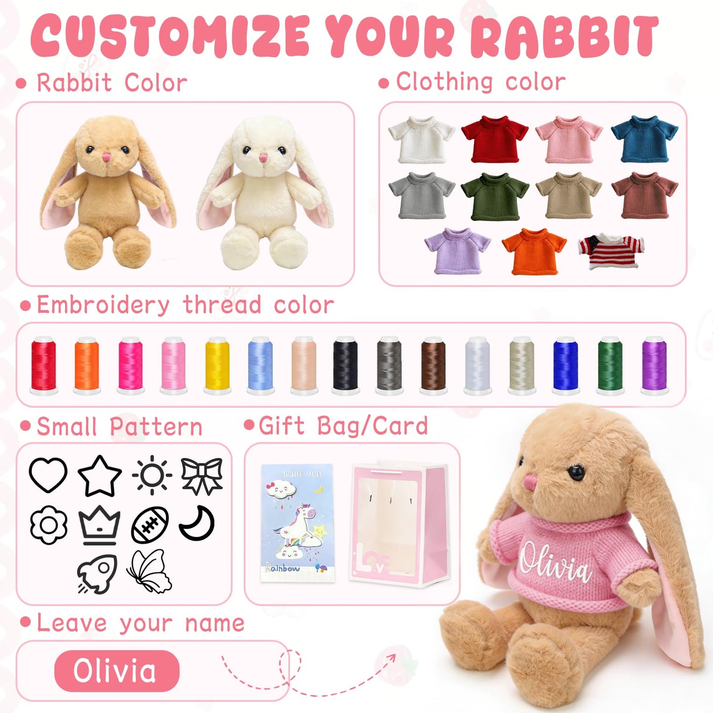 aoemgnj Personalized Easter Bunny, 12 Inch Custom Soft Plush Stuffed Animal Toy, Perfect Easter Basket Stuffer for Baby Shower, Birthday Gifts