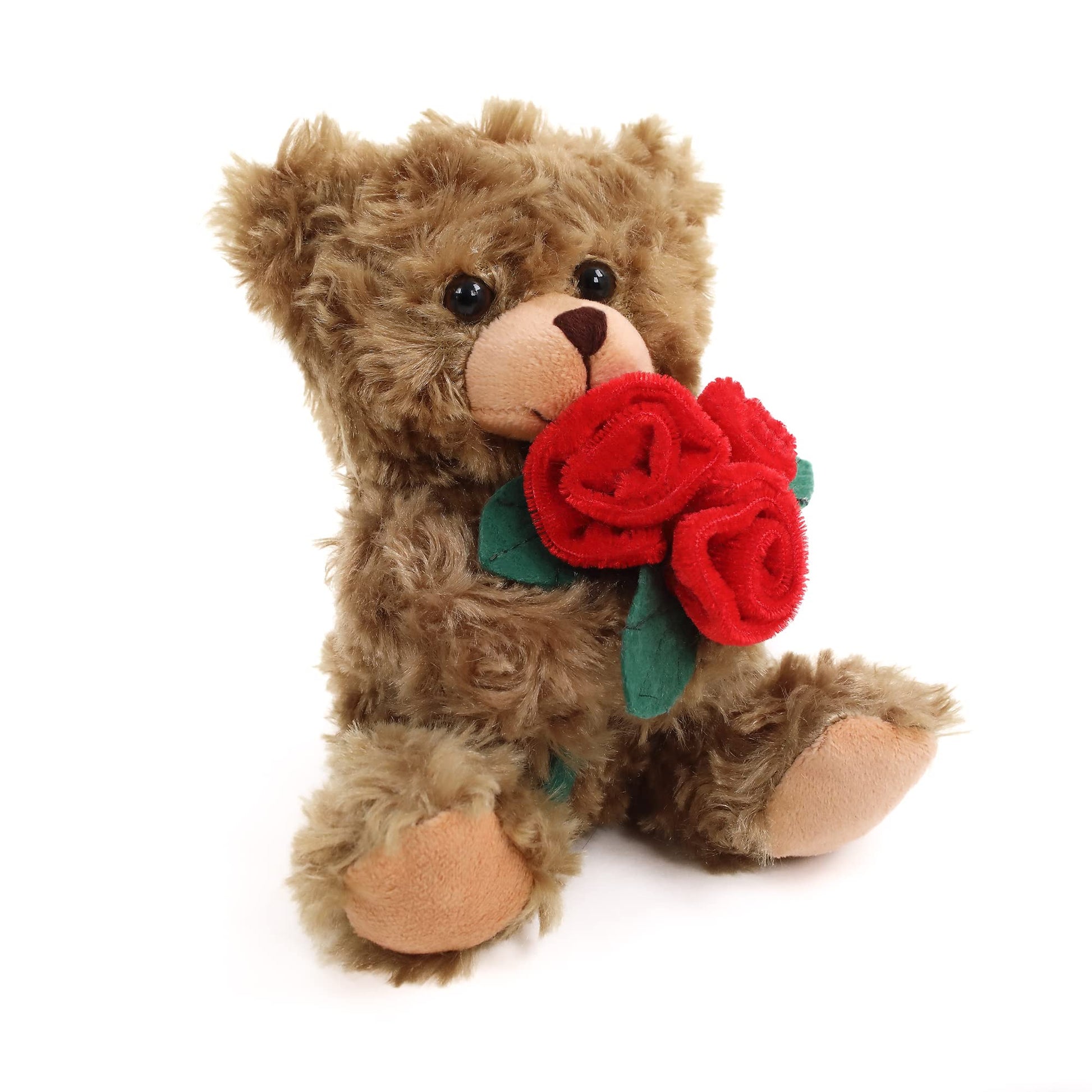 Plushland Stuffed Mocha Rose Bear, Plush Bear Toy for Kids & Adults - Red Rose in Hand - Brown-6 inches