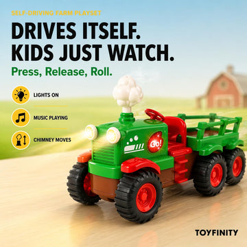 Self-Driving Farmer Tractor Truck Toy for Boys with Lights and Music, with Farmer Figure & Farm Animals (Moving Chimney and Shaking Animals)