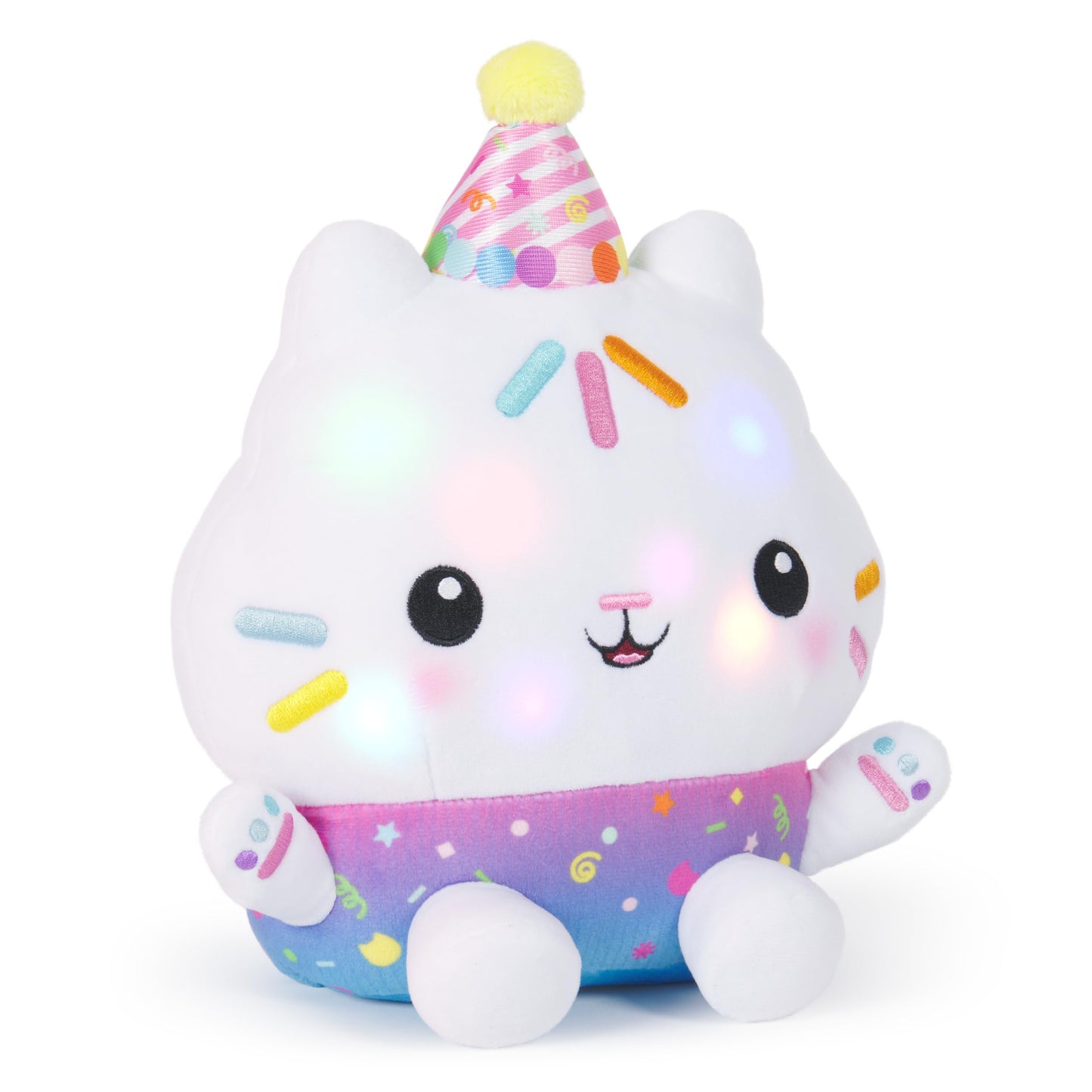 Gabby's Dollhouse Celebrations, Sprinkle Party Cakey Cat Soft Toy, 25-Centimetre Interactive Soft Toy with Sounds, Kids’ Toys for Girls and Boys Aged