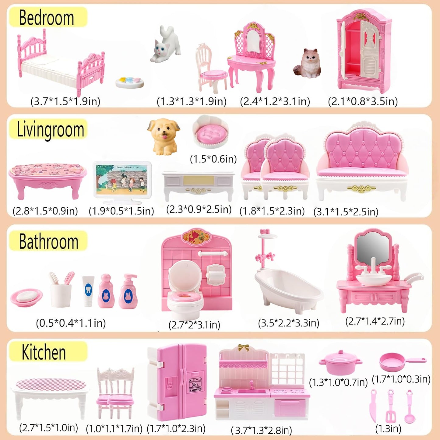 Xadothat Dollhouse Furniture Set, Complete Room Collection with Kitchen, Dining, Living Room, Bedroom and Bathroom Accessories, Plastic (36-Piece