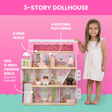 Delta Children Little Gem Dollhouse - 3-Story Dollhouse with 4 Rooms - Includes 16 Accessories - Fits 5-inch Dolls - Pretend Play Dream Gift for Ages