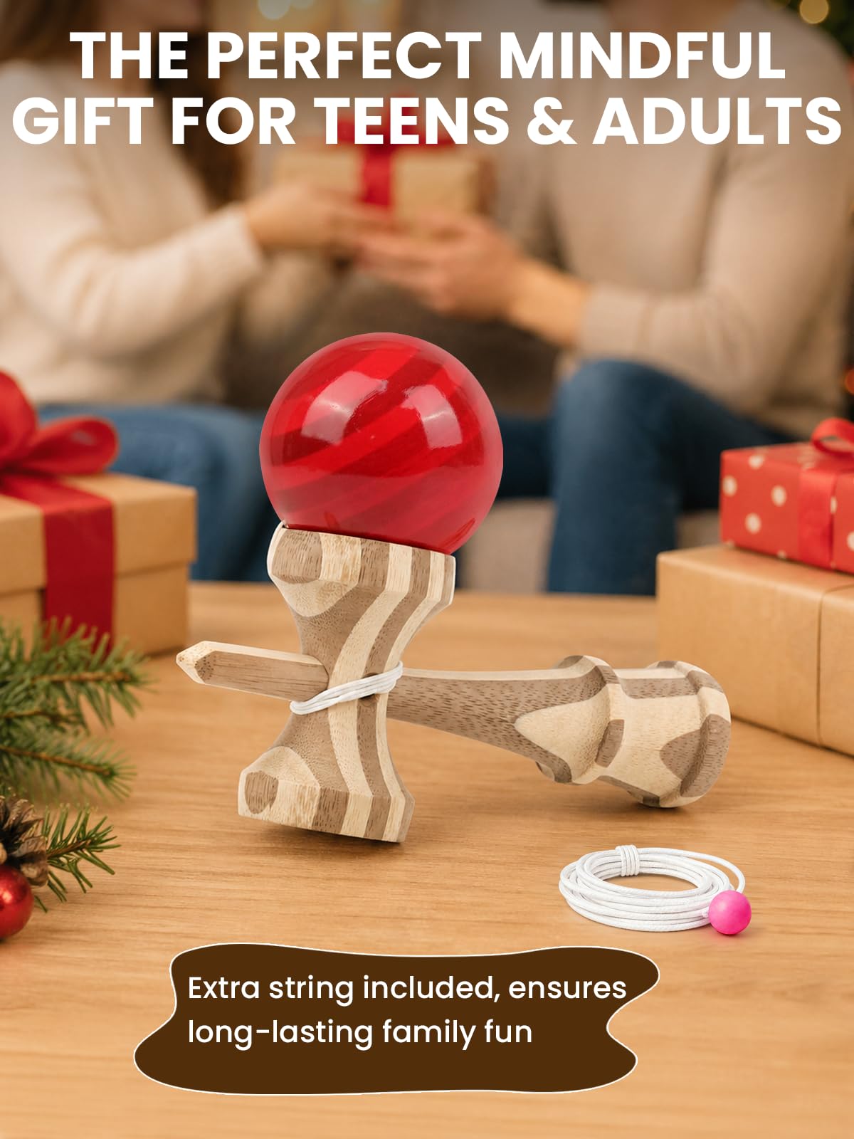 Bamboo Kendama, Traditional Japanese Skill Toy for Kids & Adults(Red&Blue)