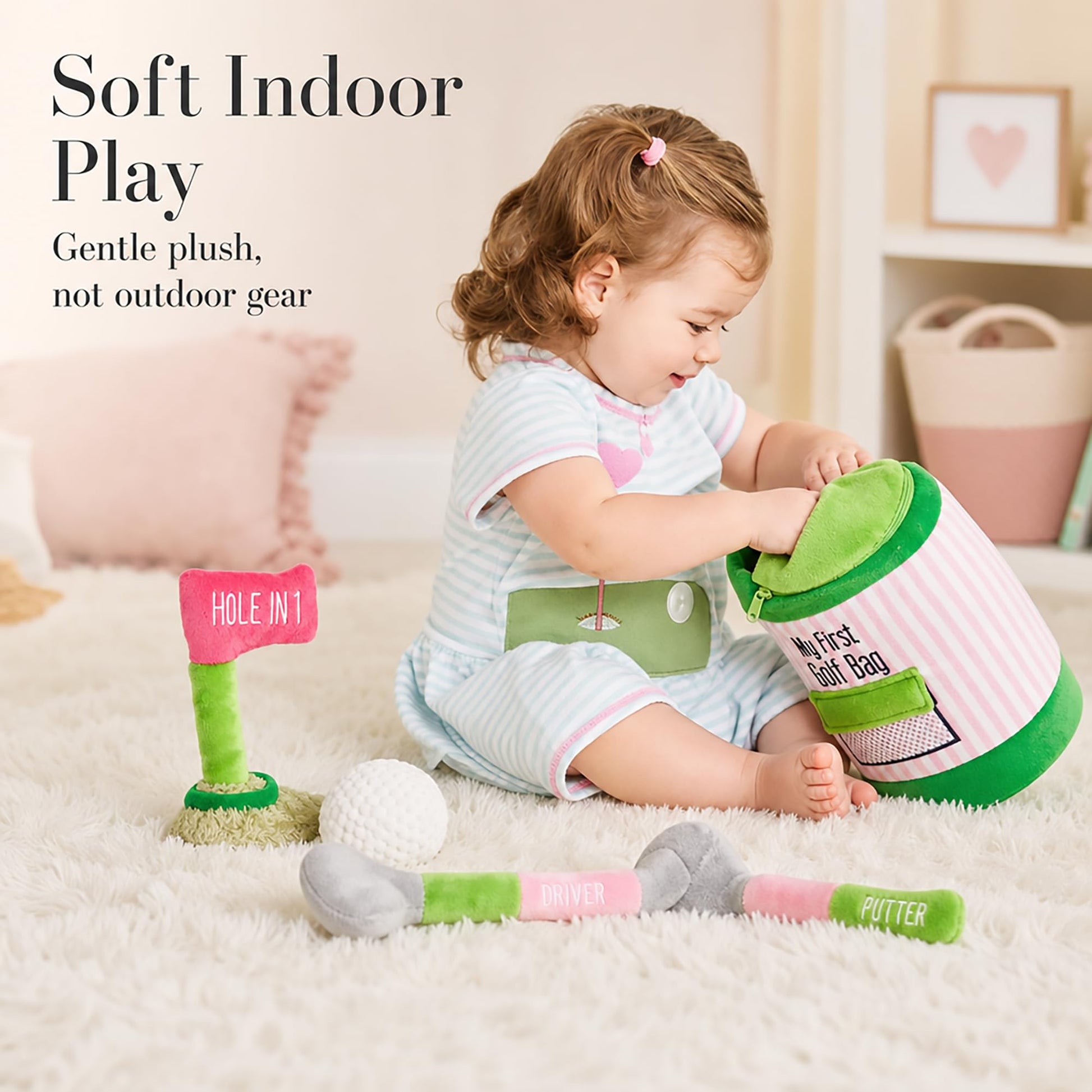 Mud Pie Pink Golf Plush Play Set, Baby Golf Bag Toy
