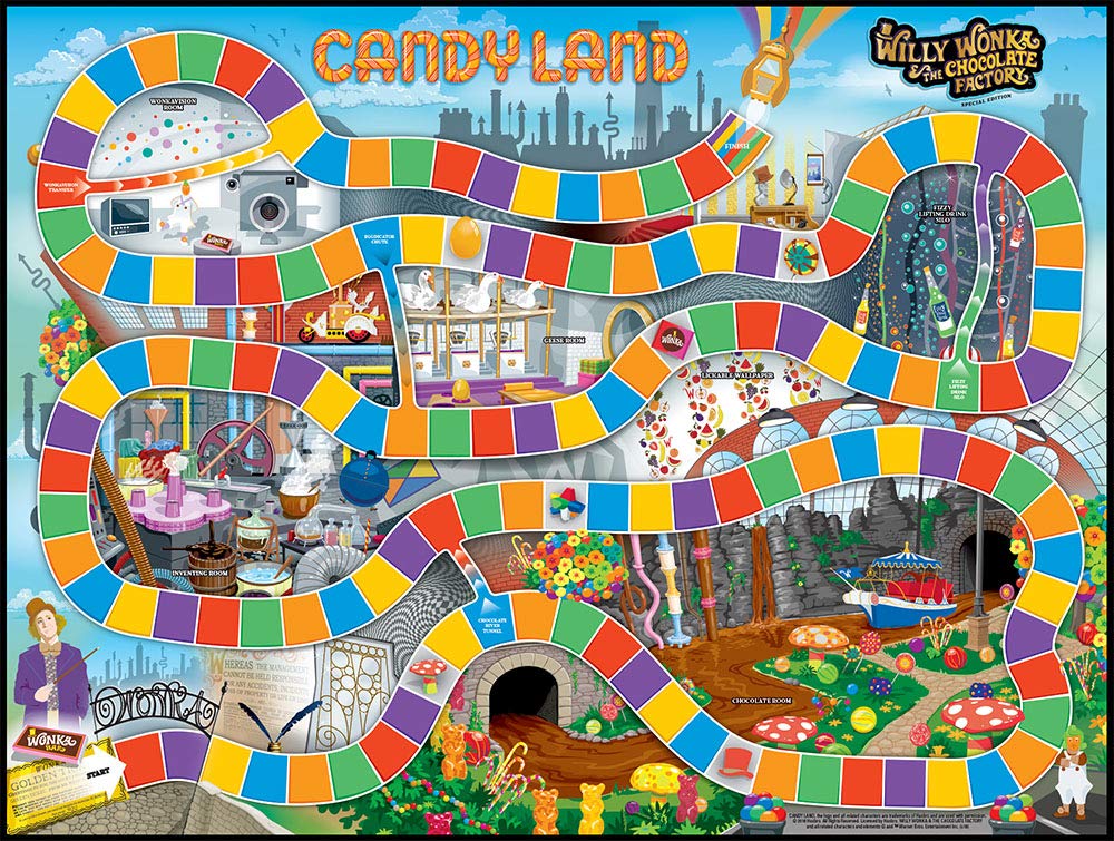 Candy Land Willy Wonka and the Chocolate Factory Board Game | Themed Candy Land Board Game | Artwork from the Willy Wonka Movie