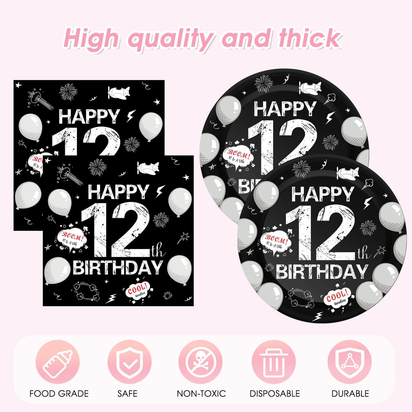 41Pcs 12th Birthday Decorations for Boys Girls,Black Bruh Im Happy 12 Birthday Tableware Set Include Black Plates and Napkins Party Supplies with 12